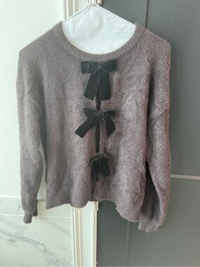 Rachel Zoe Fuzzy Gray Crewneck Sweater with Black Velvet Bows